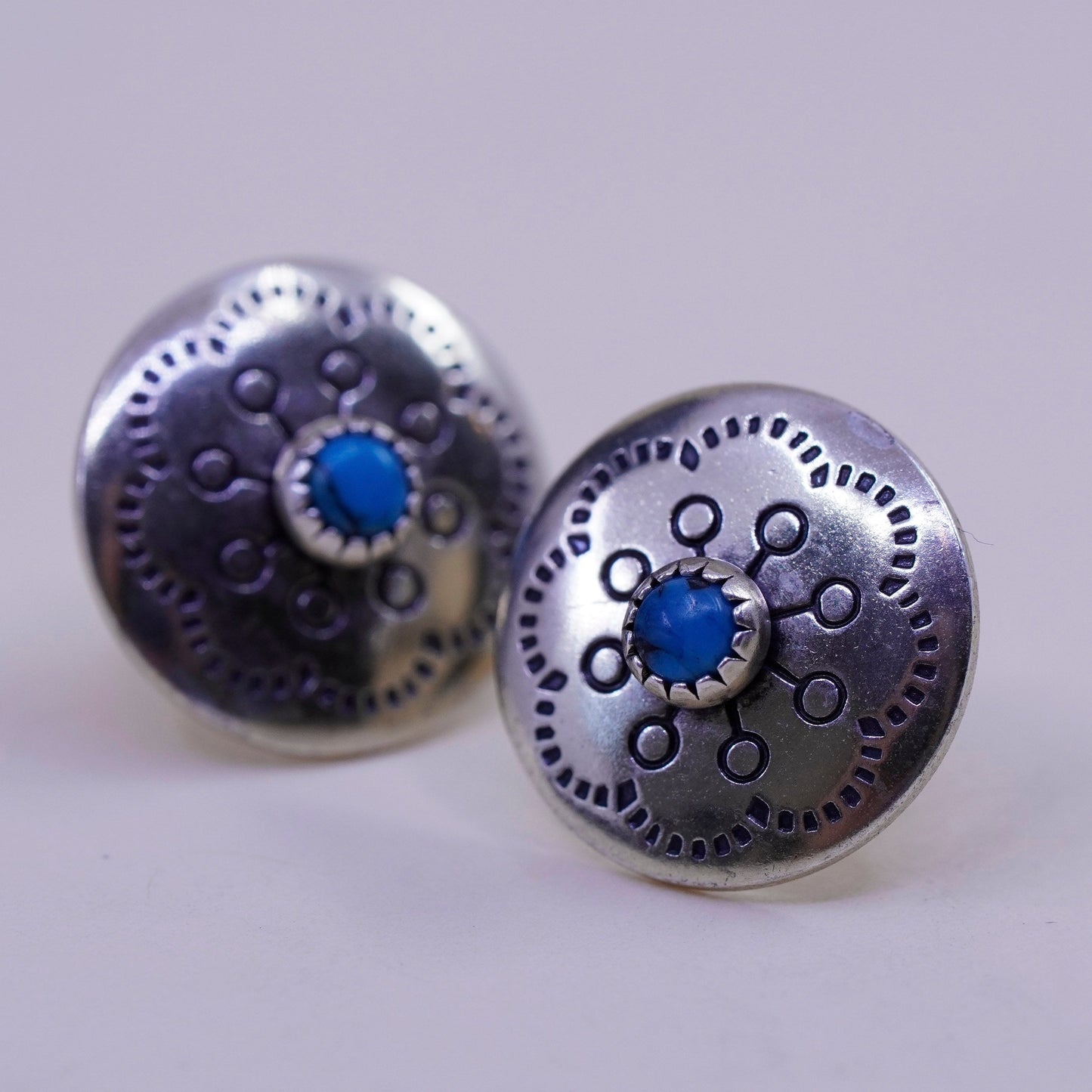 Vintage sterling silver handmade earrings, Mexico 925 round studs w/ turquoise