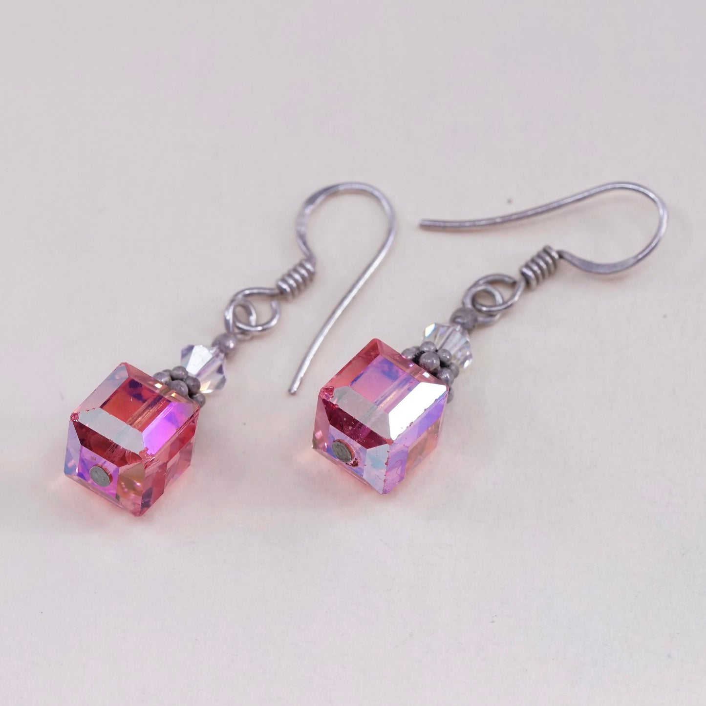 Vintage Sterling 925 silver handmade earrings, with pink crystal cube