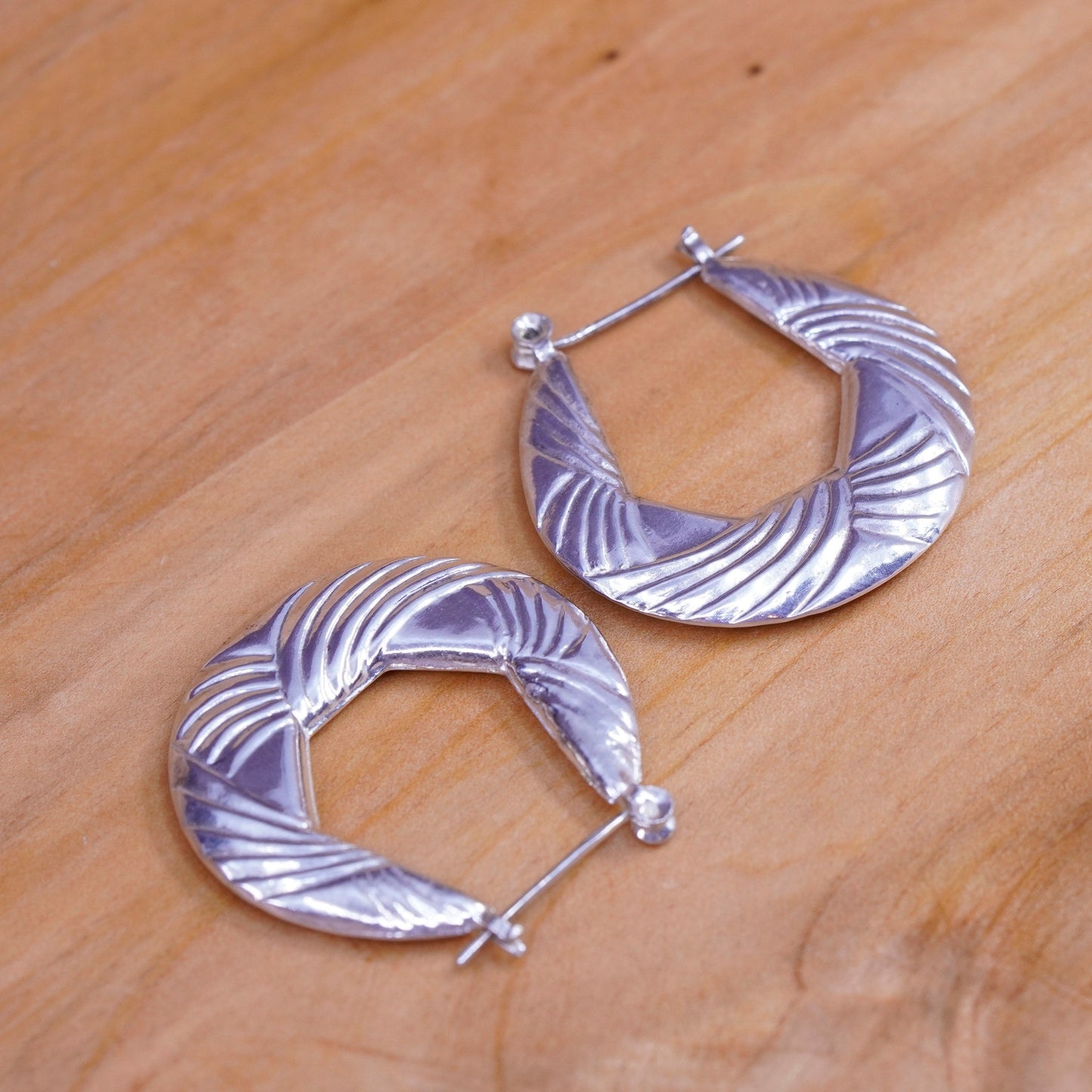 1.25”, Sterling silver twisted hoop earrings, 925 textured flatten huggie