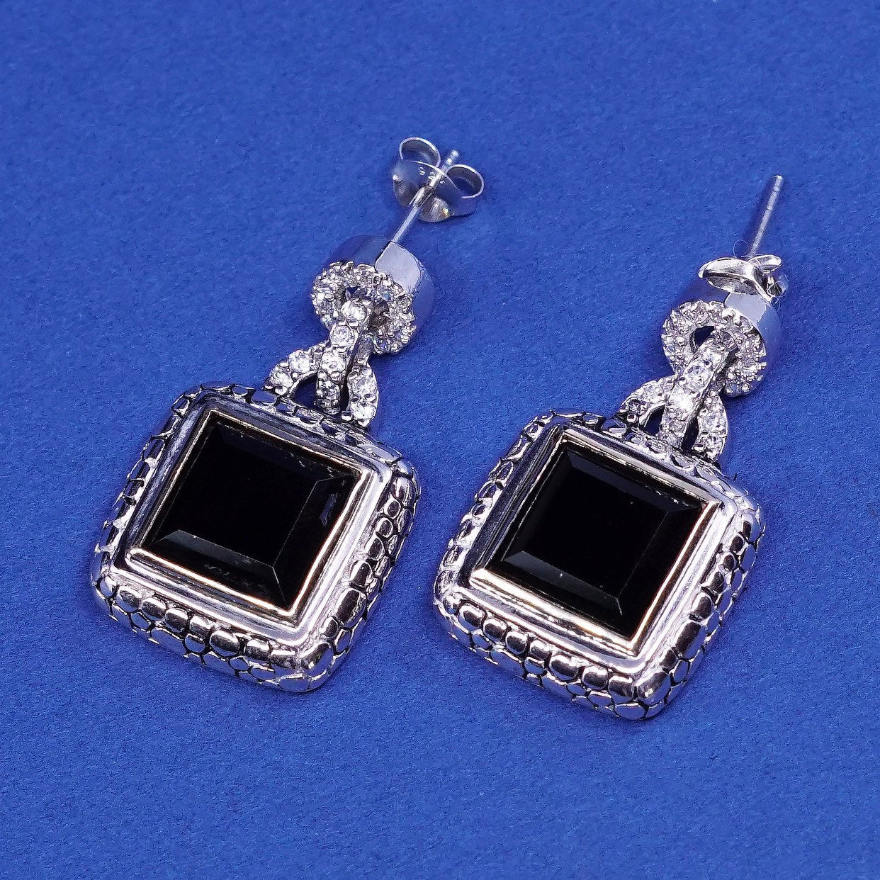 vtg 14K gold accent w/ Sterling925 silver handmade earring w// obsidian drops