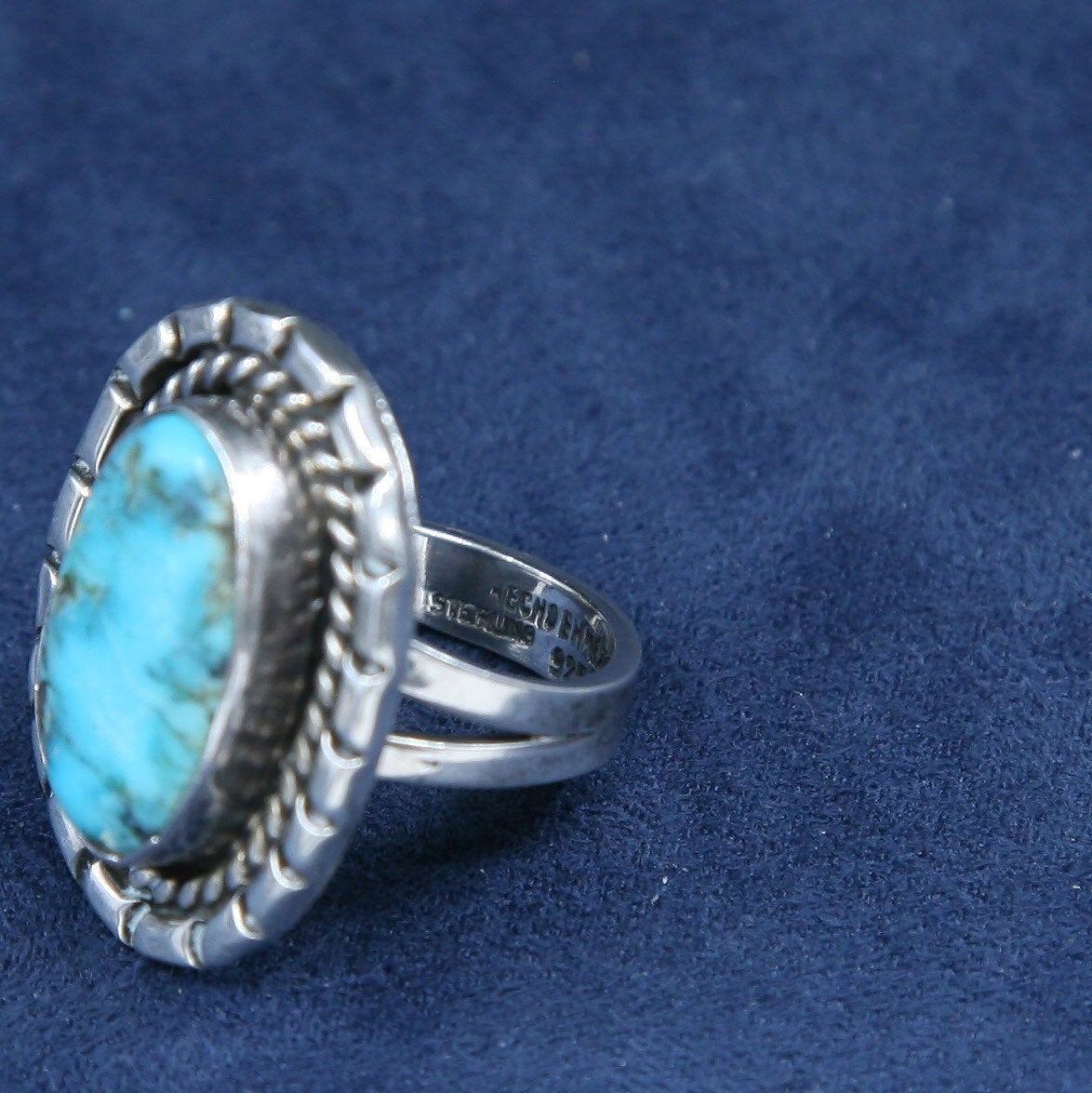 sz 6.25, vtg Sterling 925 silver ring w/ morenci turquoise, Native American