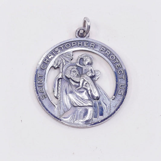 VTG sterling oval charm, 925 pendant w/ “Saint Christopher protect us"