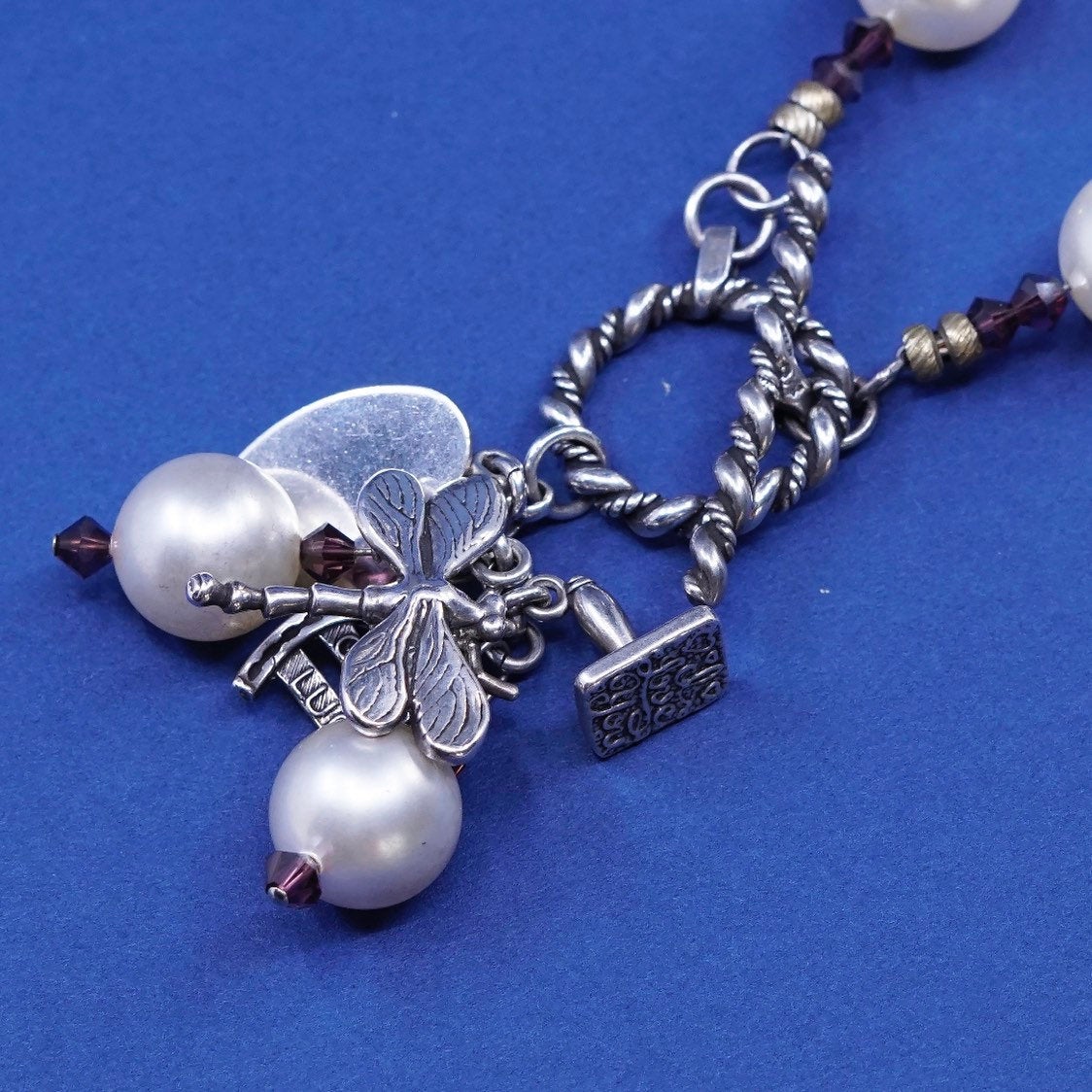 18", Sterling silver handmade necklace, 925 beads w/ pearl dragonfly horseshoe