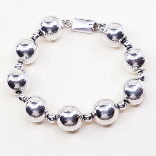 7”, Vtg Mexico Sterling Silver Huge Ball Bead Bracelet Box Clasp Safety Chain