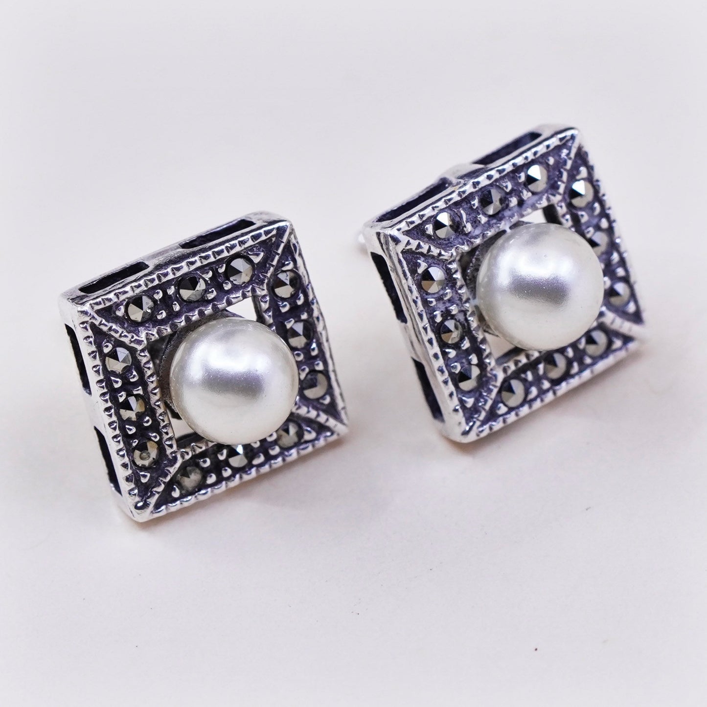 Vintage sterling silver earrings, 925 square studs with pearl and marcasite