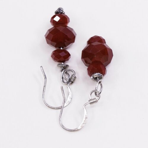 Vtg Sterling Silver Handmade Earrings, 925 Silver Hooks W Garnet Beads