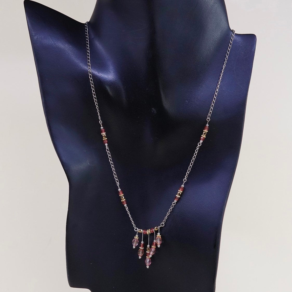 18+2”, Sterling silver necklace, 925 curb chain w/ pink crystal fringe pendant