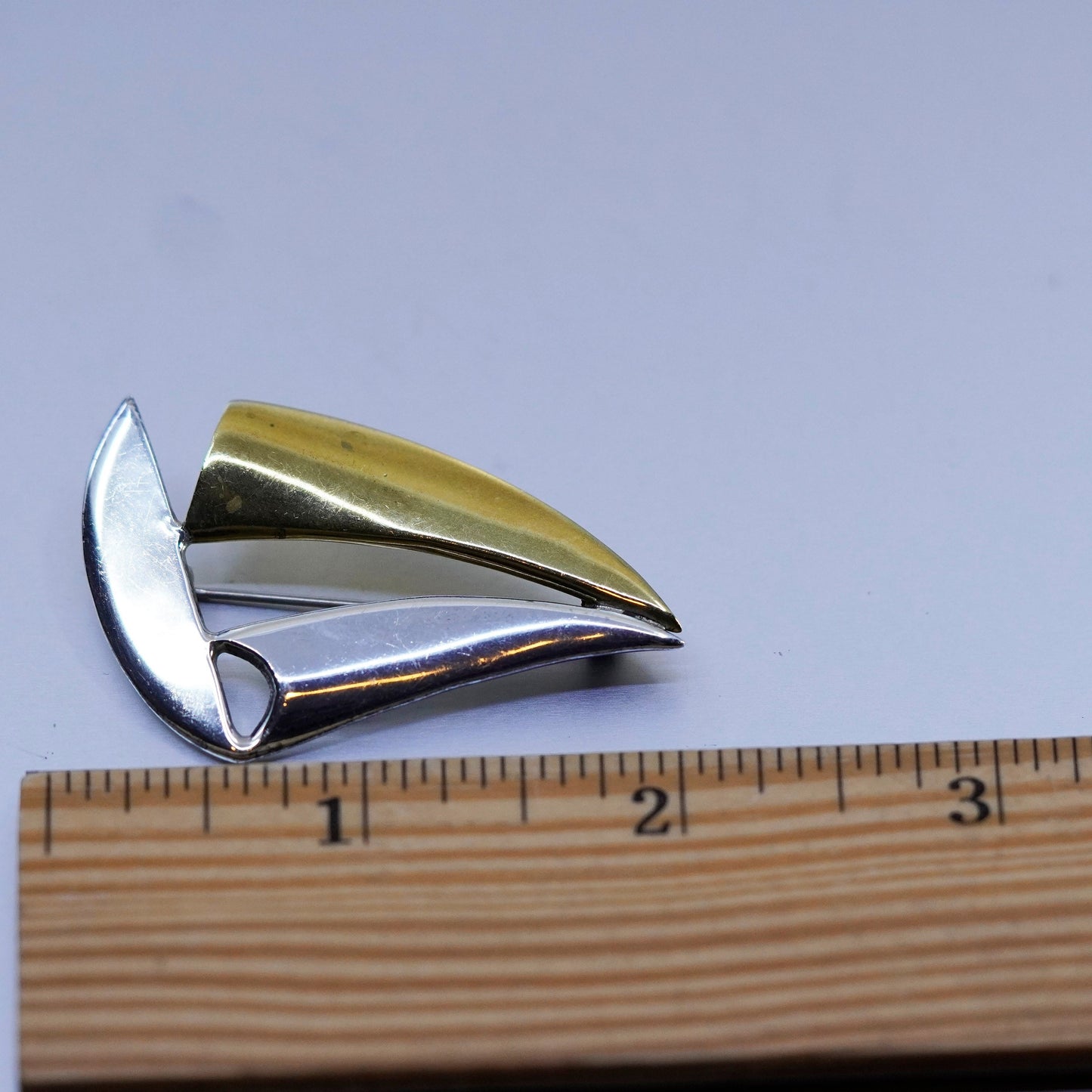 Vintage handmade sterling 925 silver sailing boat brooch with brass