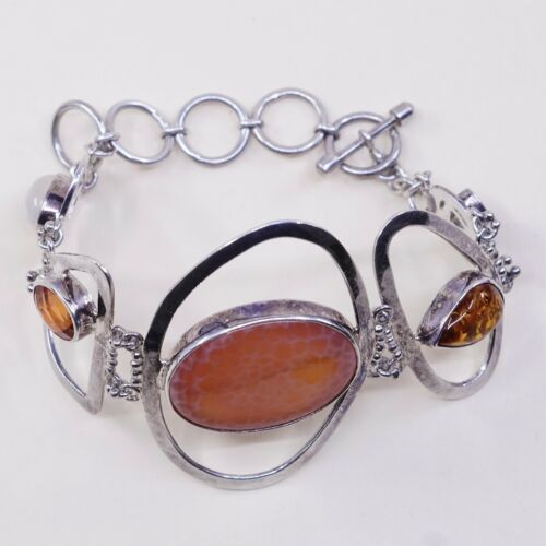 6+2”, Vtg Sajen Sterling Silver Handmade Bracelet, 925 W/ Amber Citrine N Agate