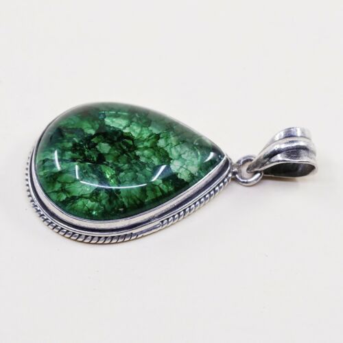 Vintage Sterling silver handmade pendant, 925 with and Green Cracked crystal