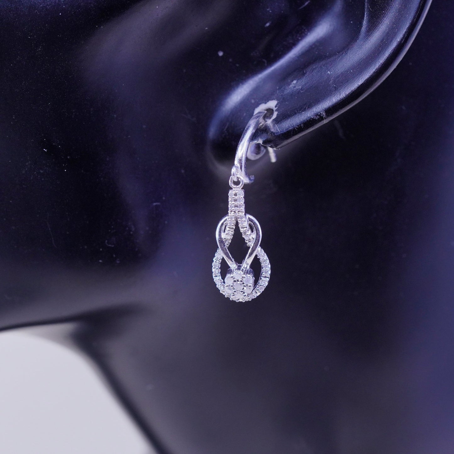 Vintage sterling 925 silver entwined teardrop earrings with genuine diamond