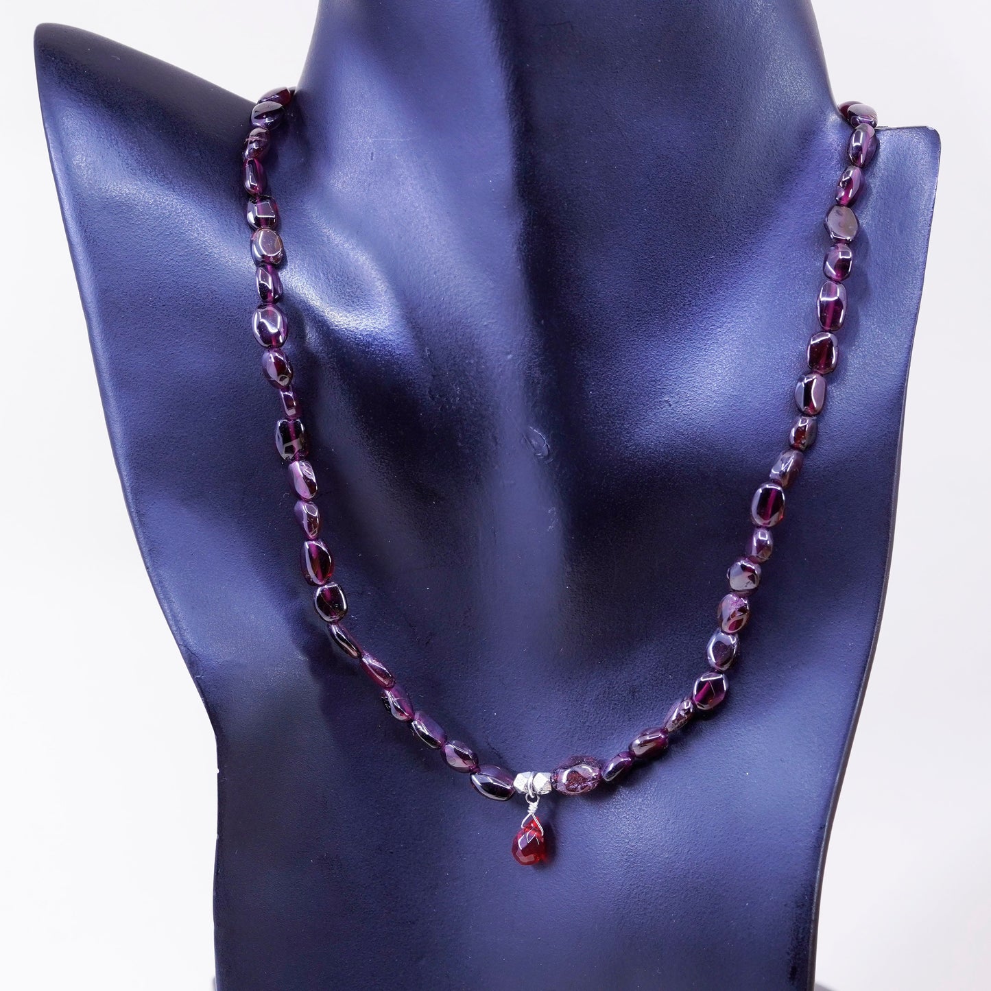 18”, vintage Sterling silver handmade necklace, 925 clasp with garnet beads