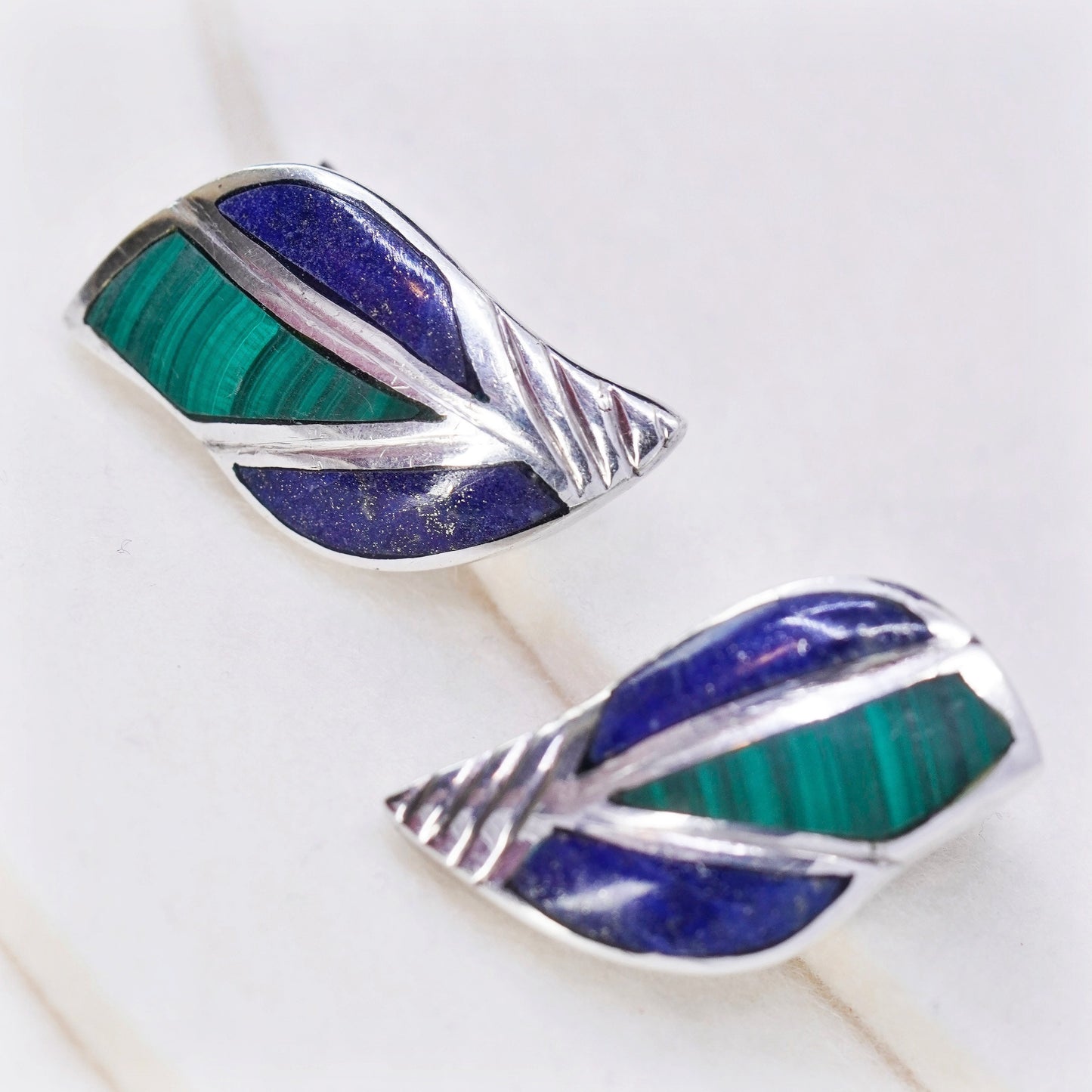 Sterling 925 silver handmade earrings, leafy clip on w/ malachite lapis lazuli