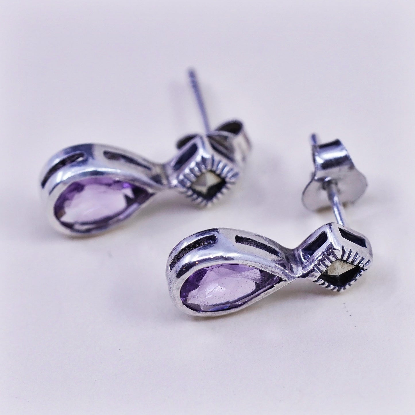DBJ modern sterling silver handmade earrings, 925 teardrop amethyst marcasite