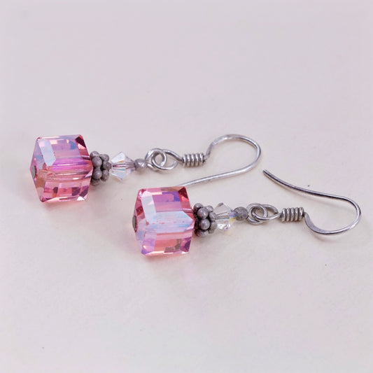 Vintage Sterling 925 silver handmade earrings, with pink crystal cube