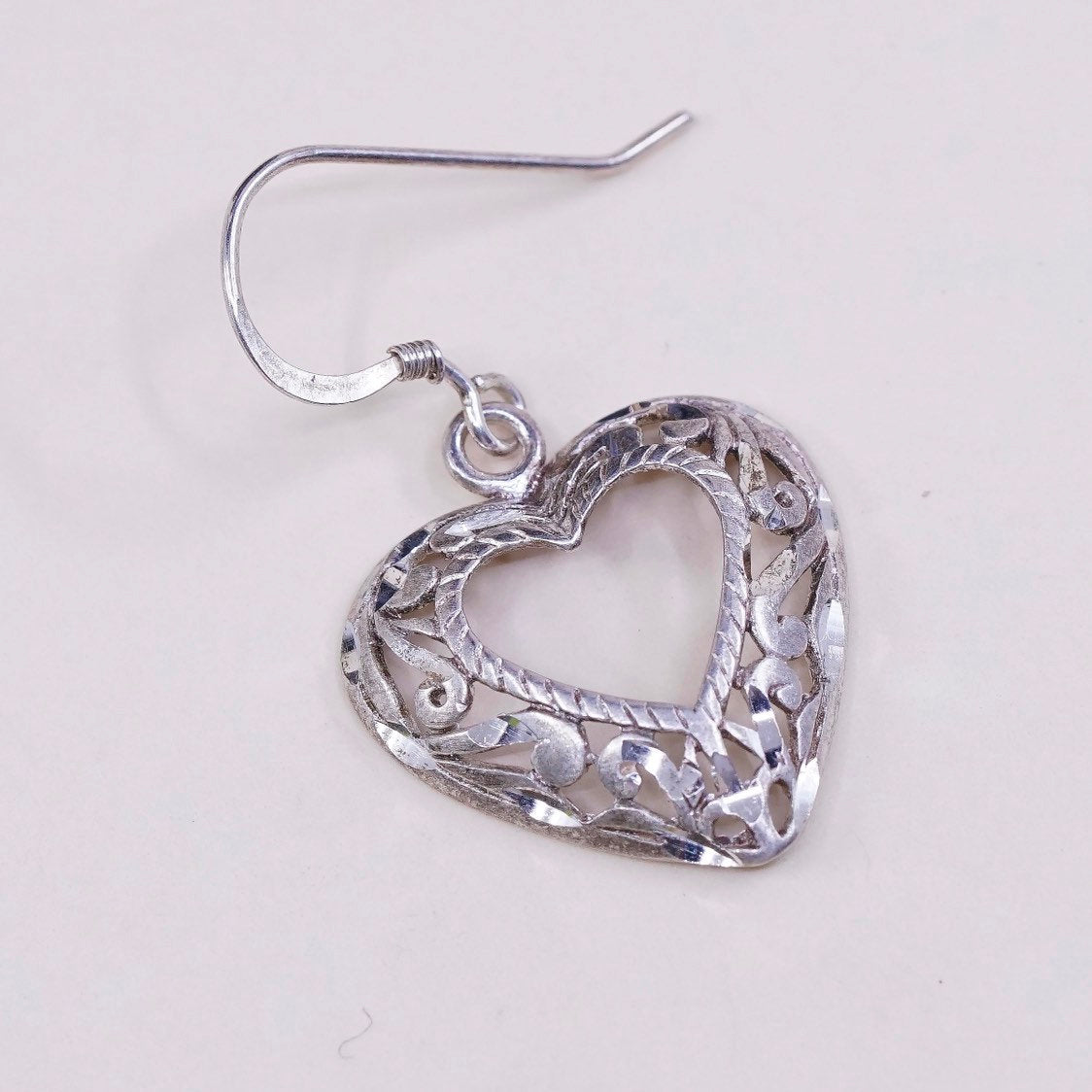 vtg sterling silver handmade earrings, solid 925 silver heart with filigree