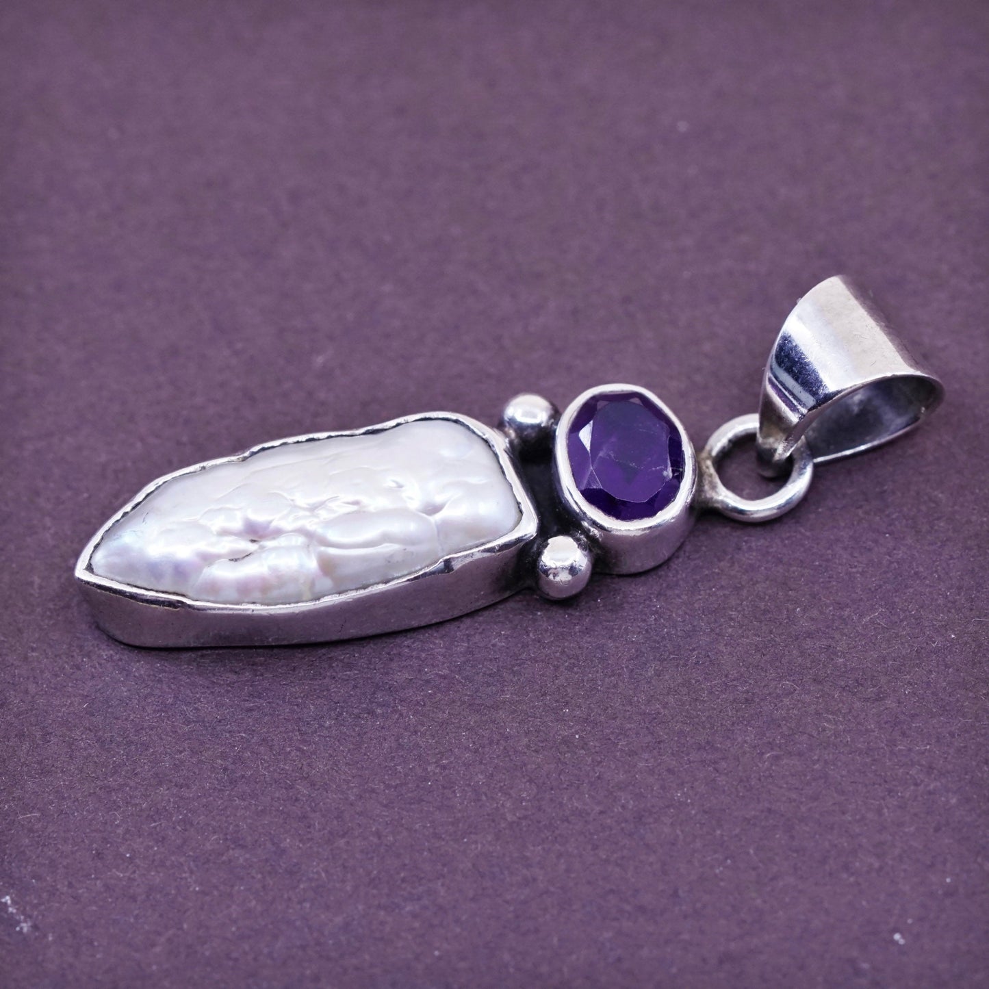 vtg Sterling silver handmade pendant, 925 slide pendant with amethyst and pearl