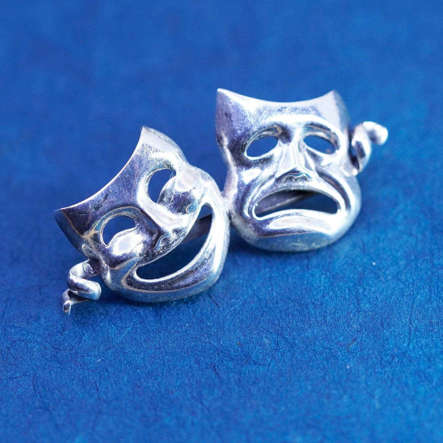 Vintage Sterling silver handmade brooch, 925 comedy happy sad face mask pin