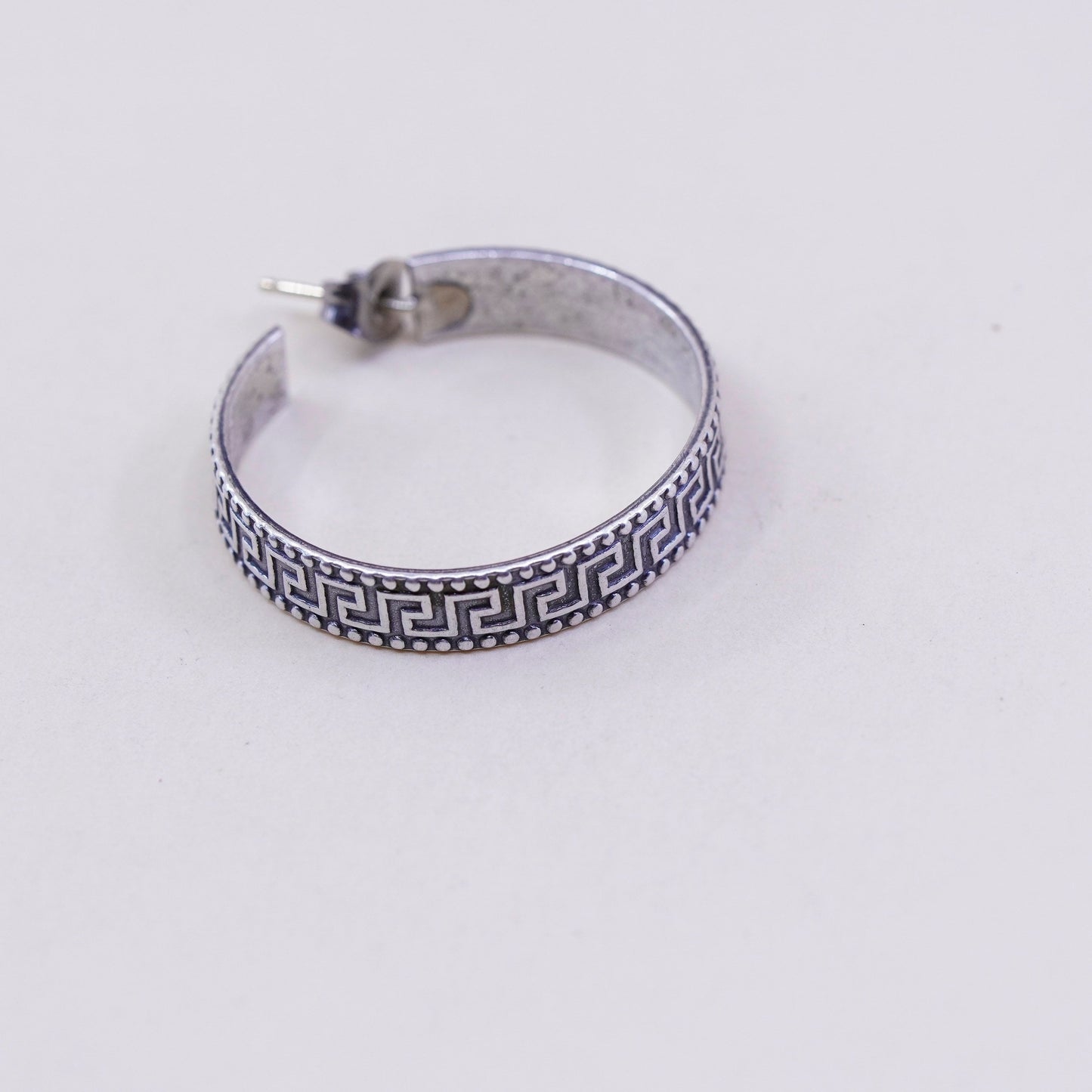 1.25”, sterling silver handmade earrings, Greek key primitive Huggie hoops