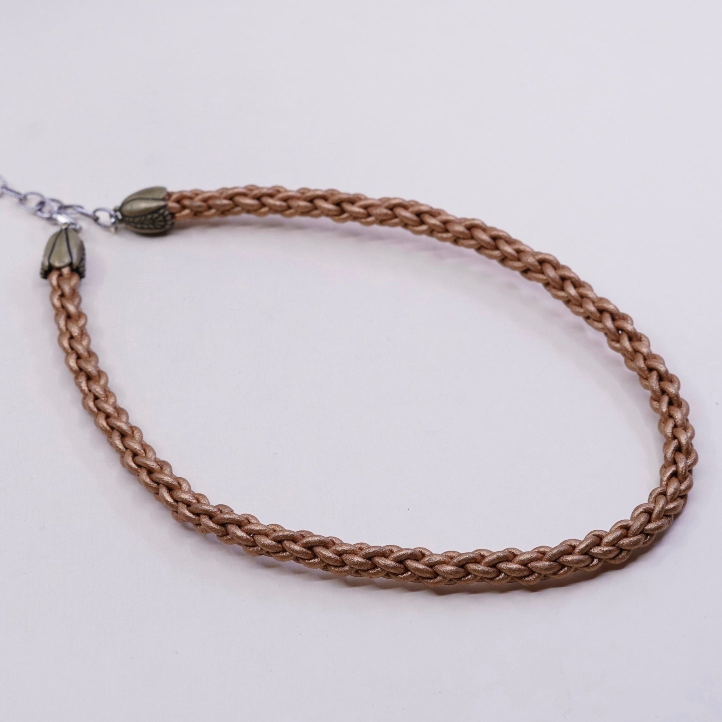 16+4”, choker collar necklace woven brown leather chain sterling 925 silver