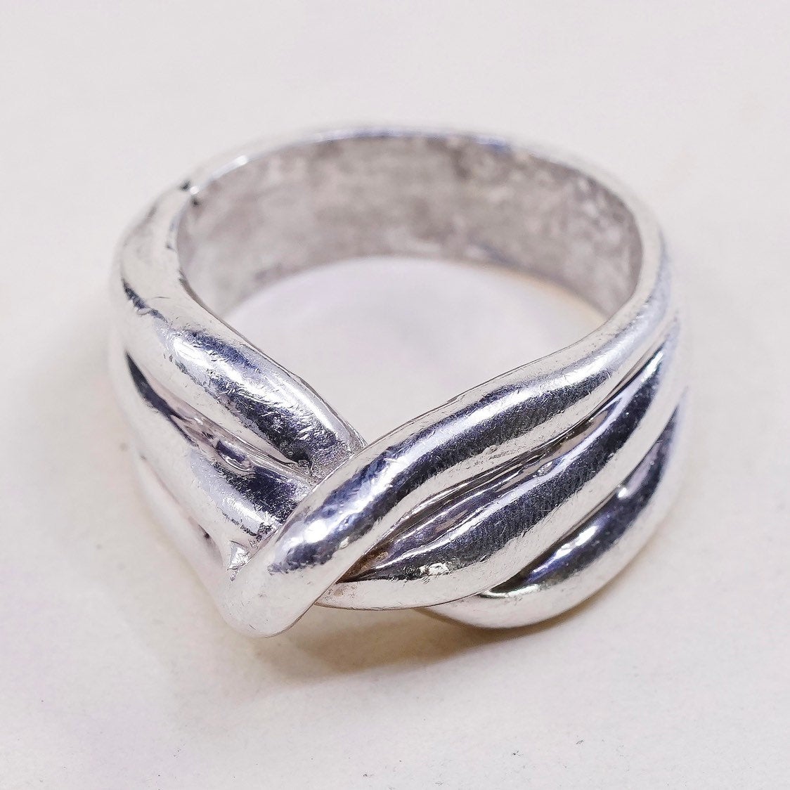 sz 8, vtg sterling silver handmade ring, Mexico 925 ribbed statement band