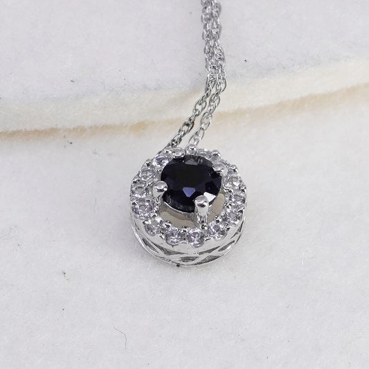 18”, Sterling 925 silver handmade circle chain necklace with sapphire pendant