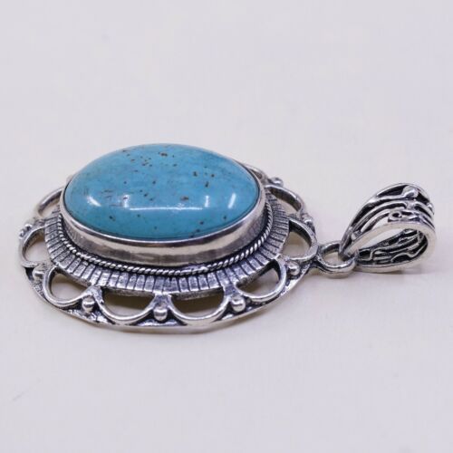 Vtg Southwestern Sterling 925 Silver Huge Handmade Pendant W/ Oval Turquoise