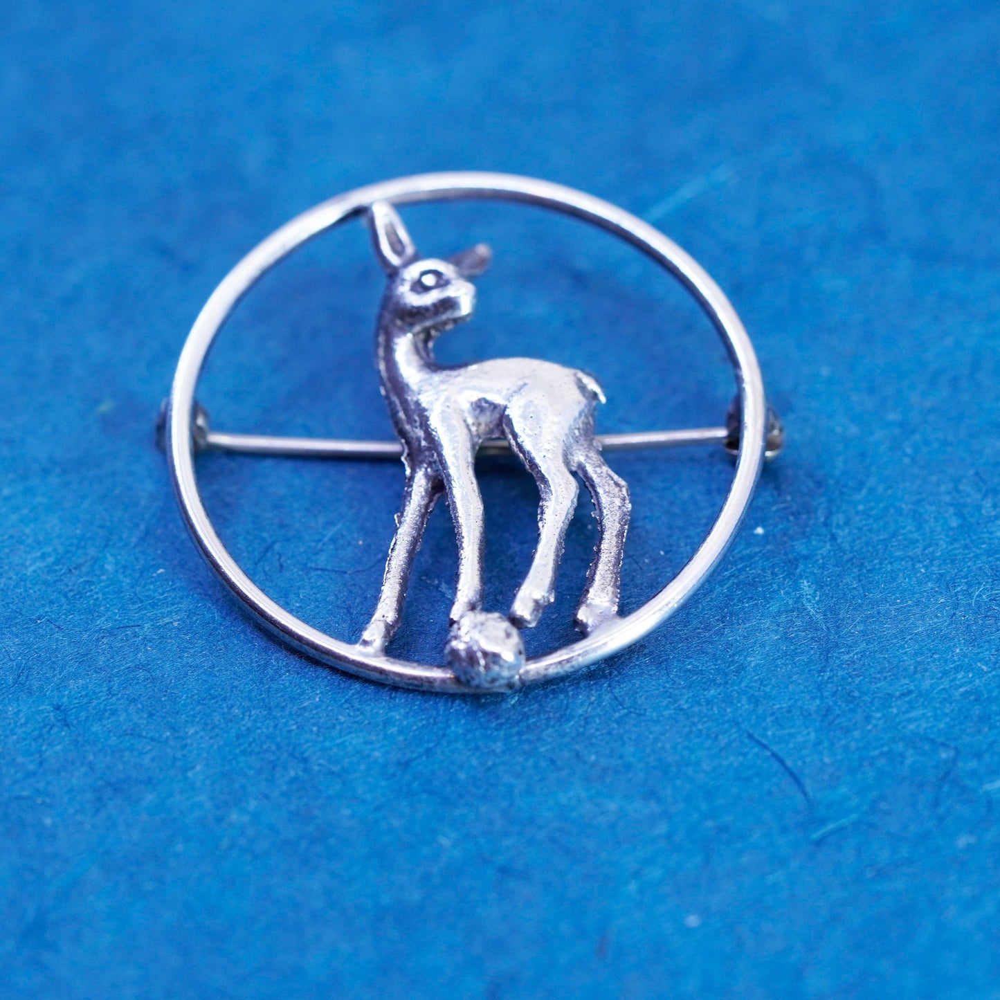 Vintage Sterling silver handmade brooch, 925 circle pin with baby deer