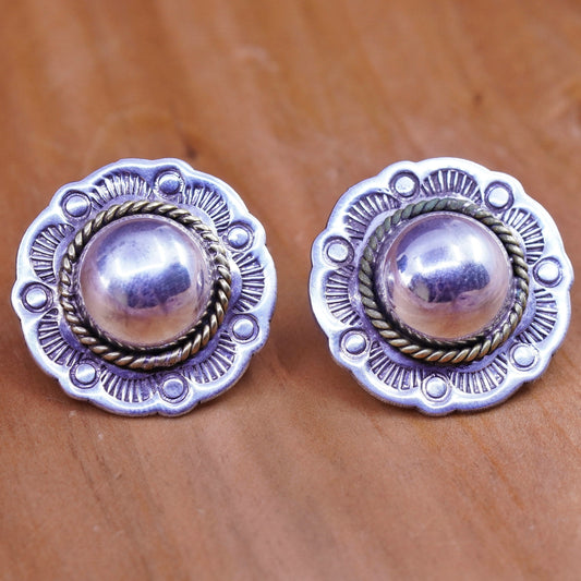 two tone Mexico Sterling silver earrings, 925 flower studs with brass cable