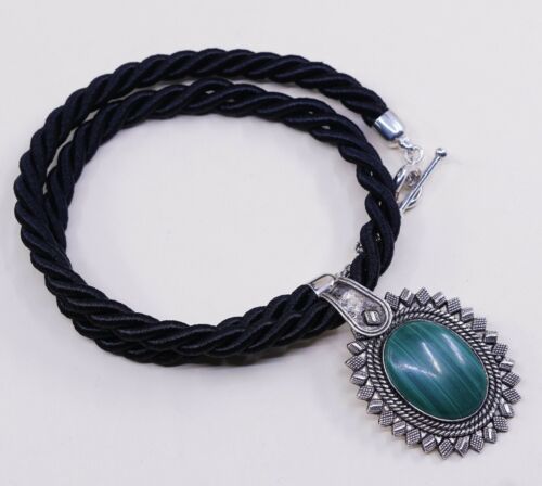 18” Michael dawkins Black Silk Chain W/ Sterling 925 Silver Malachite Necklace