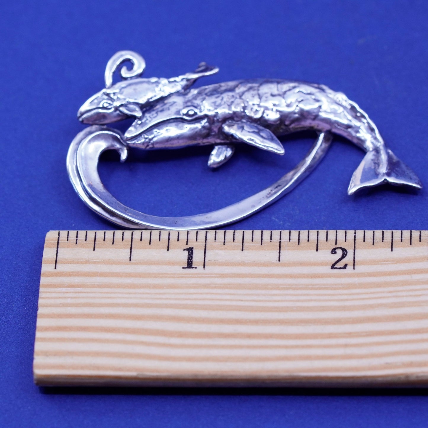 vtg designer sterling silver handmade brooch, 925 motherhood whale pin mom baby