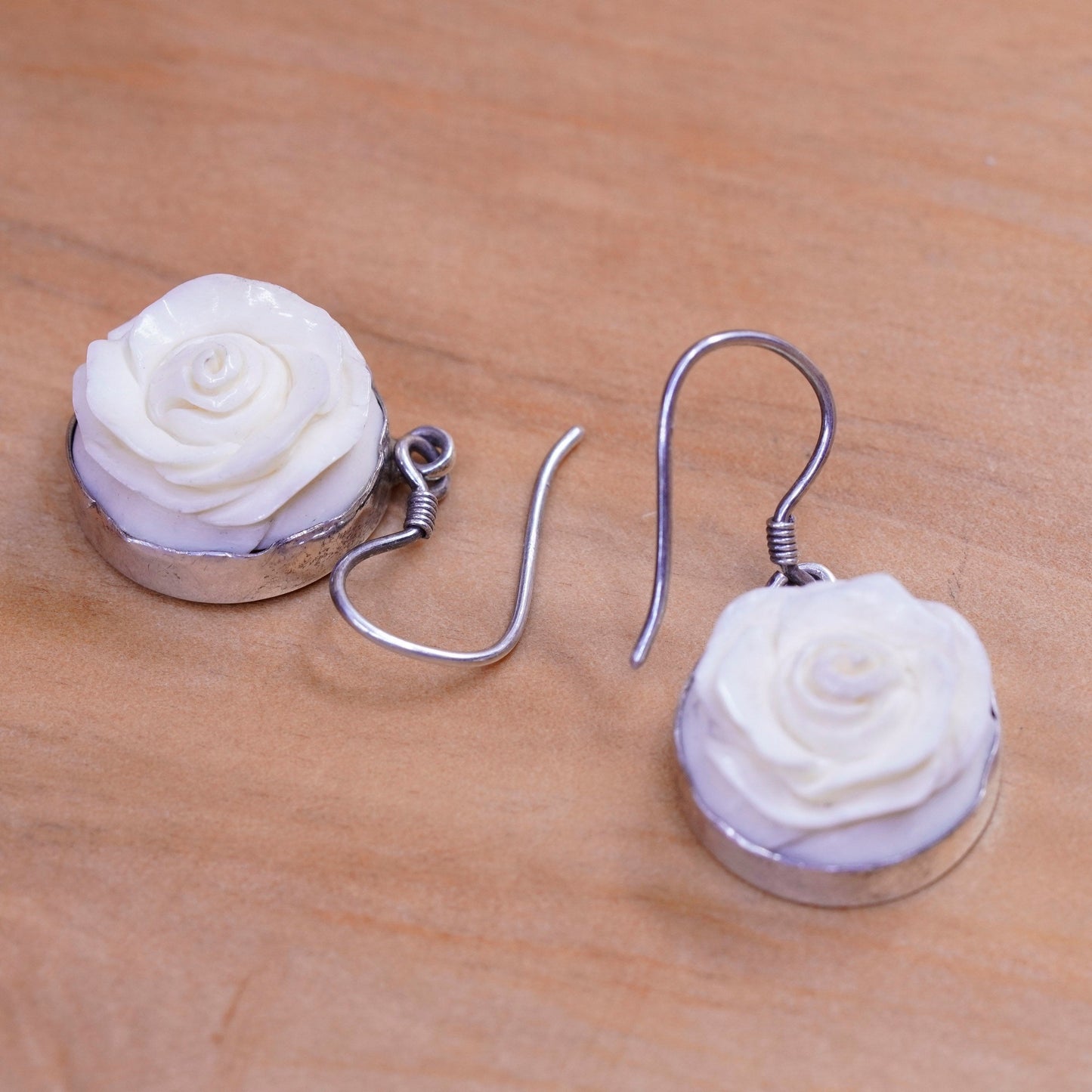 Vintage Sterling 925 silver handmade earrings, carved rose flower drops