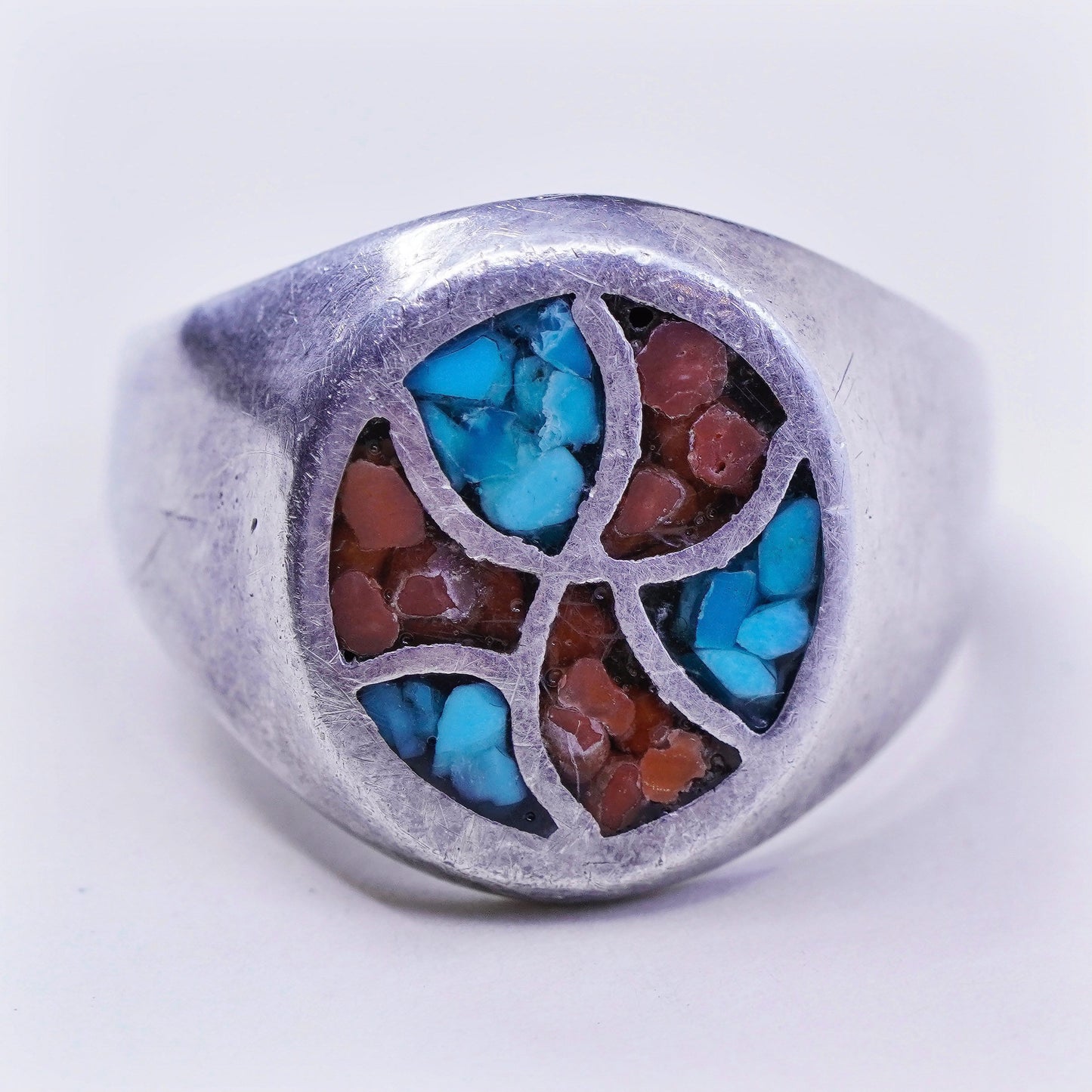 Size 11.5, natives American Sterling silver handmade ring w/ turquoise N coral