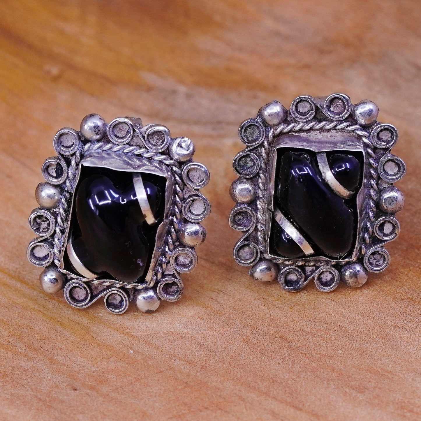 Vintage Sterling silver handmade screw back earrings, 925 beads with black onyx