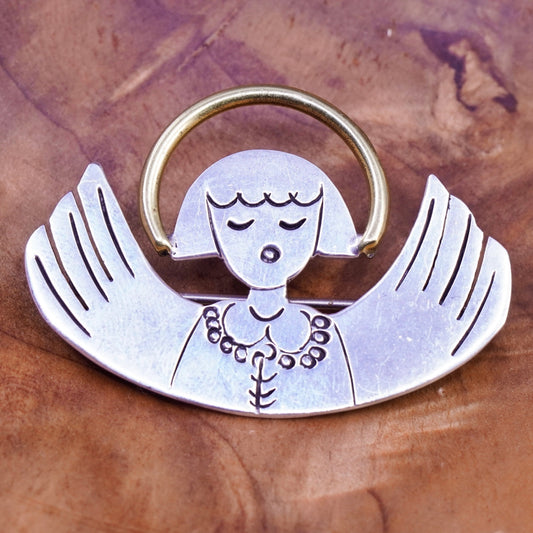 Vintage handmade two tone sterling 925 silver angel brooch with brass