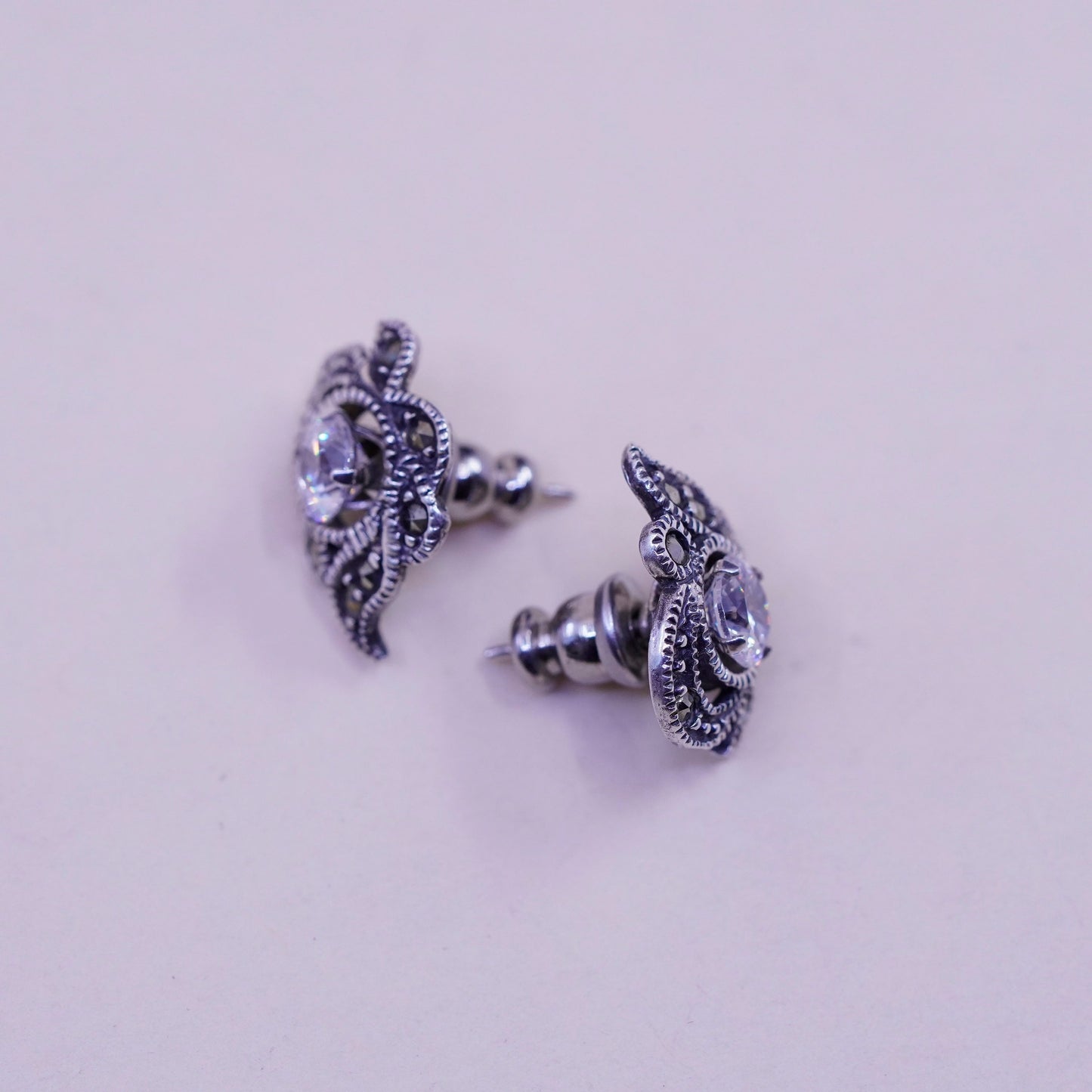 vtg sterling silver handmade earrings, 925 leafy studs w/ cluster marcasite cz