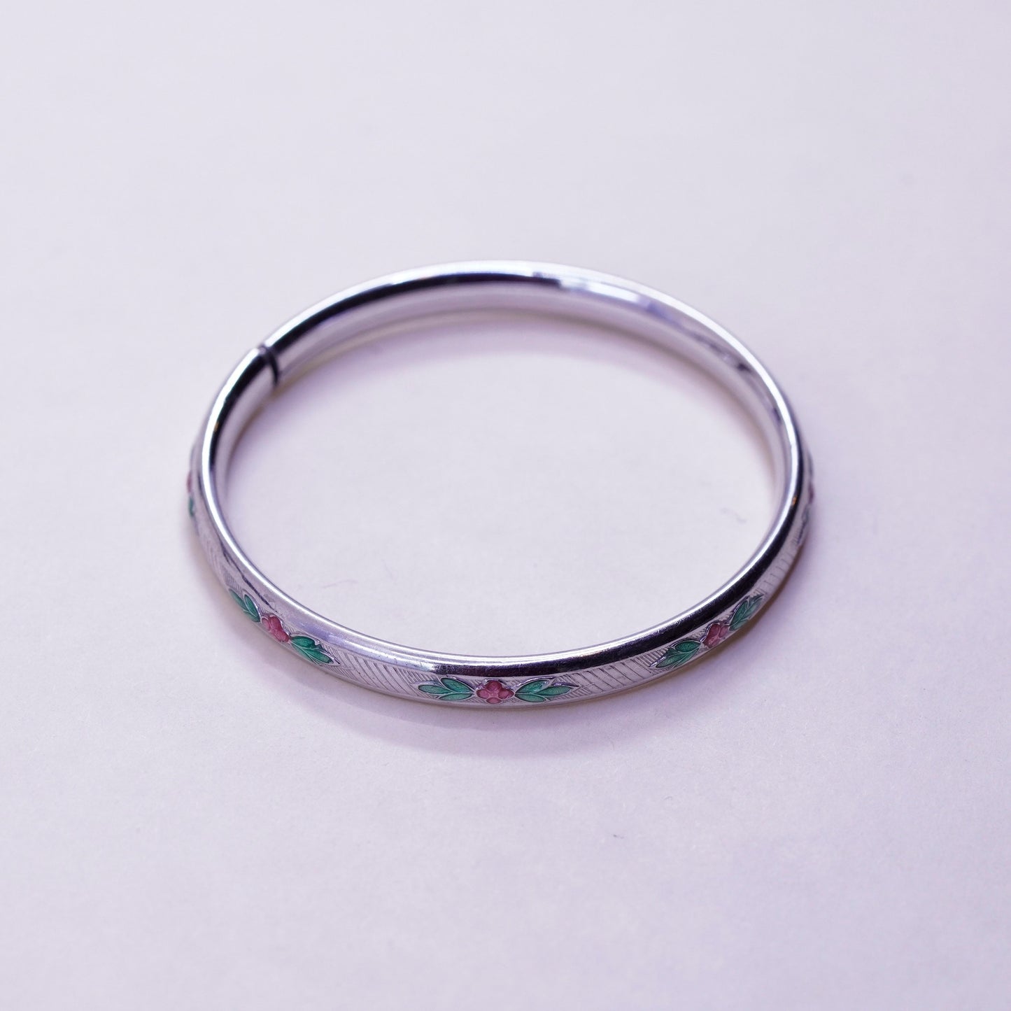 Size 5.25”, Sterling silver baby bracelet, Mexico 925 bangle enamel flower