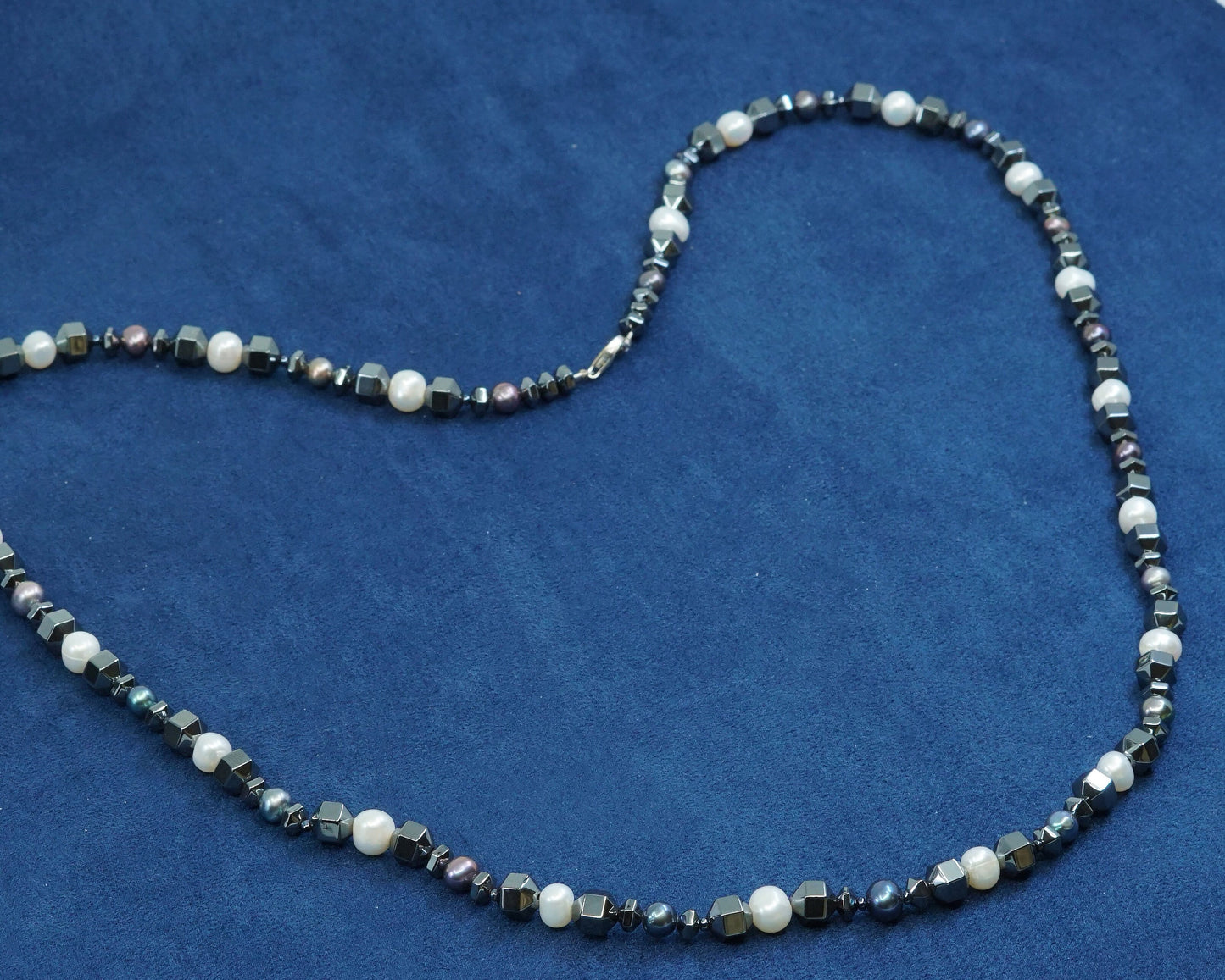 32", vtg Sterling silver handmade necklace, 925 w/ pearl N hematite beads