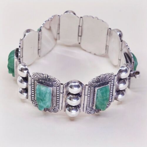 6.5” Vtg Plath Sterling Handmade Bracelet, Taxco 925 Silver W/ Jade Warrior Face