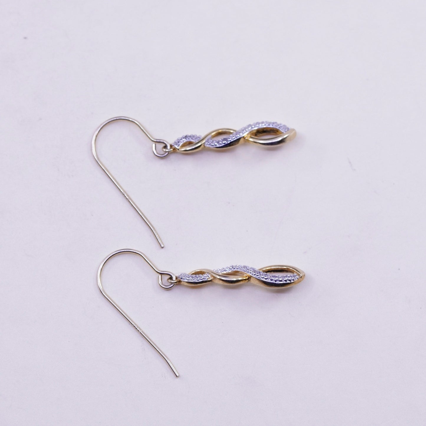 Vintage vermeil gold over sterling silver earrings, 925 twisted dangles diamond