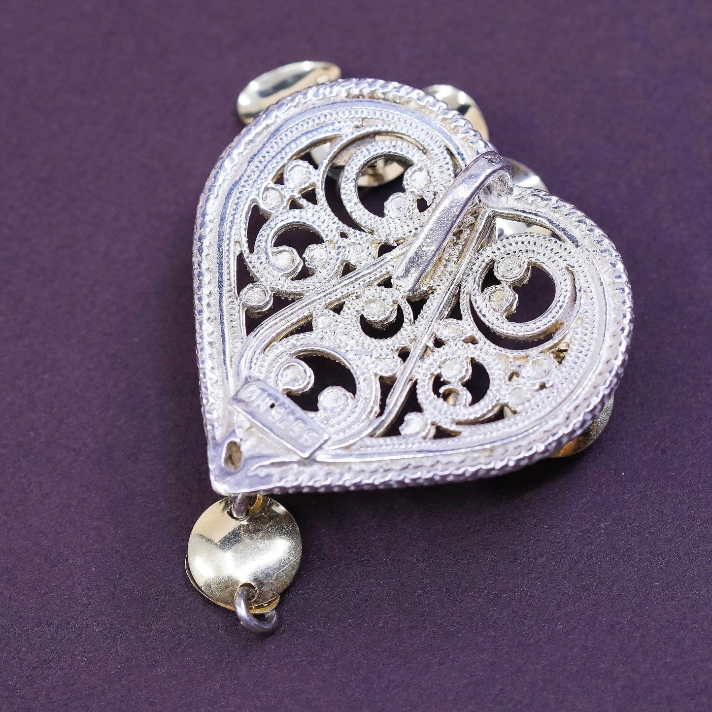 vtg OH Sterling silver handmade charm, 925 filigree heart pendant w/ disc