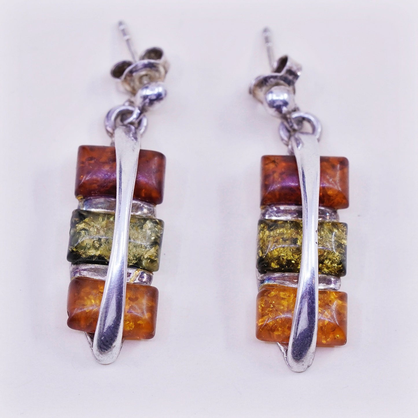 Vintage Sterling silver handmade earrings, 925 rectangular dangles with amber