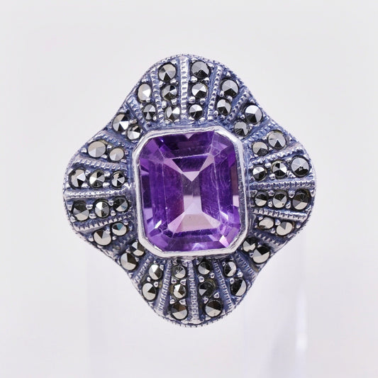 sz 6, VTG Judith Jack sterling 925 silver handmade ring w/ amethyst N marcasite