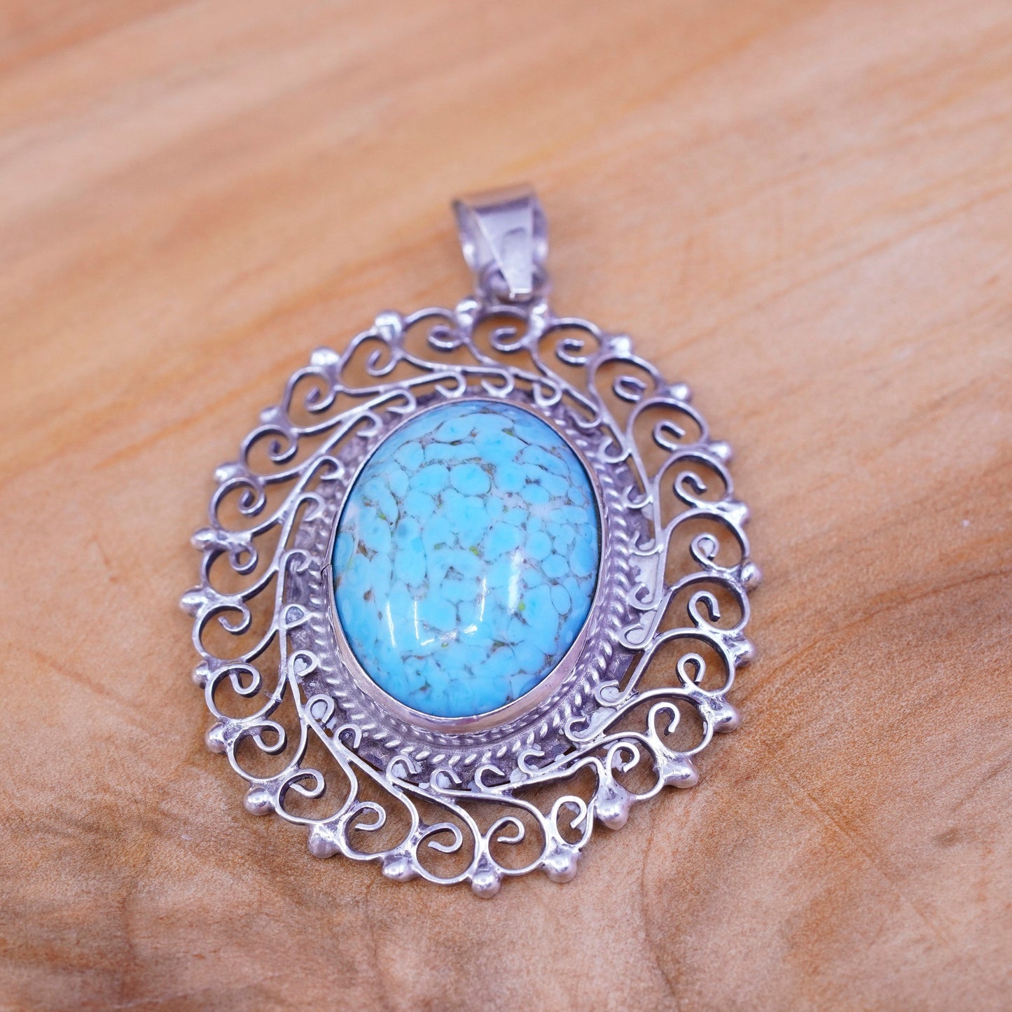 Sterling silver handmade pendant, bali style 925 filigree trim oval turquoise