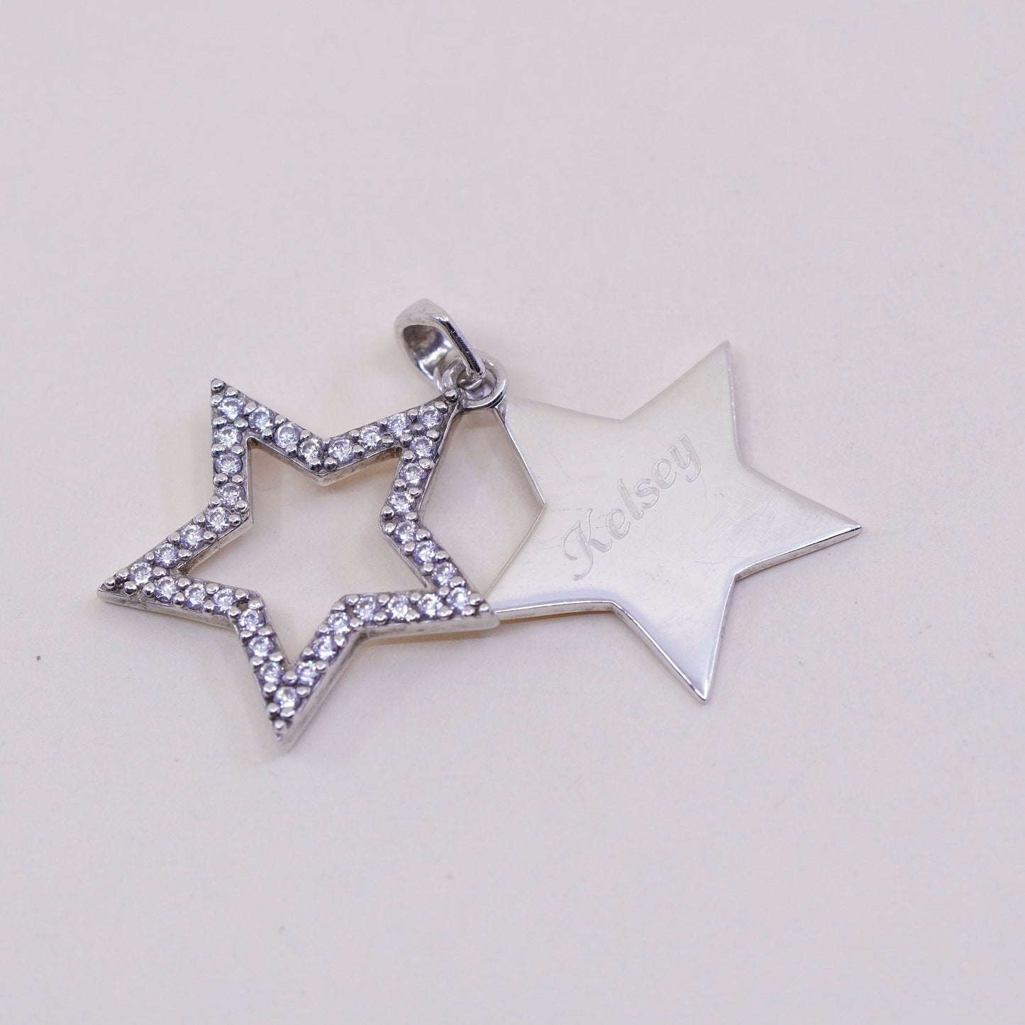 Sterling silver Pendant, 925 star Pendant with Cz and engraved name “Kelsey”