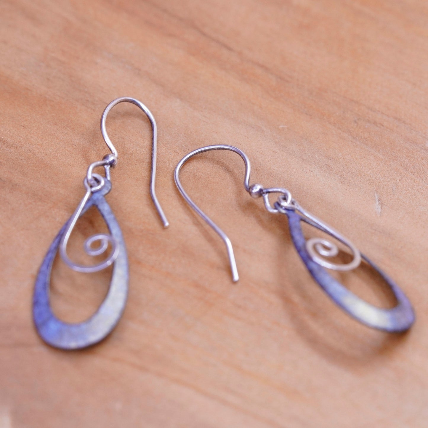 Vintage Sterling silver handmade earrings, 925 teardrops with swirly dangle
