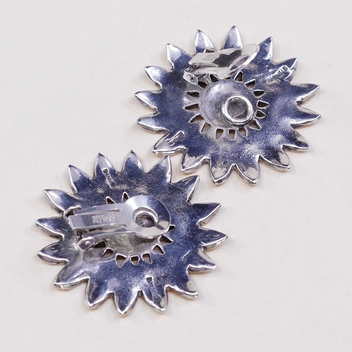vtg mexico sterling 925 silver handmade earrings, clip on w/ flower sunflower