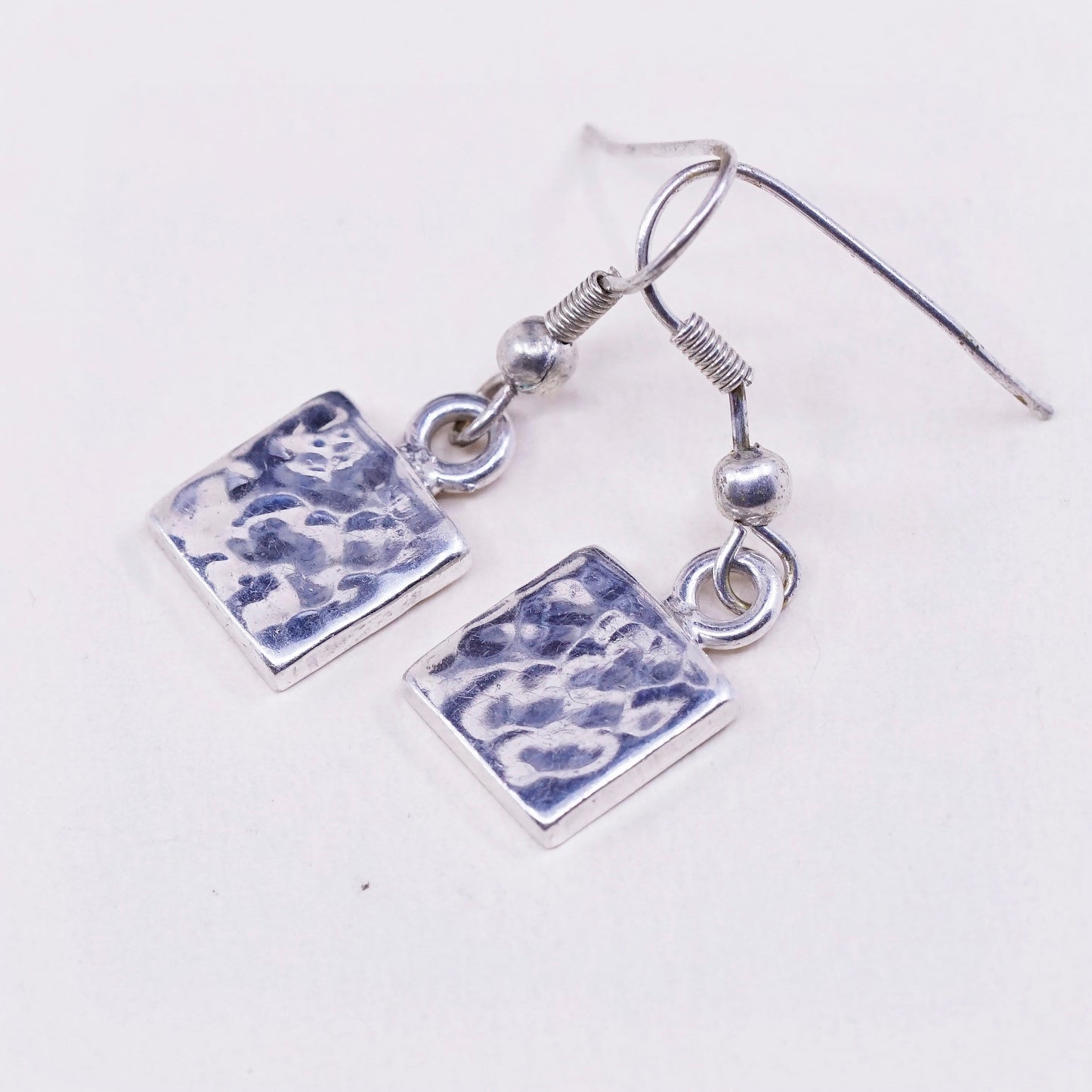 Vintage Sterling silver handmade earrings, hammered 925 square dangle