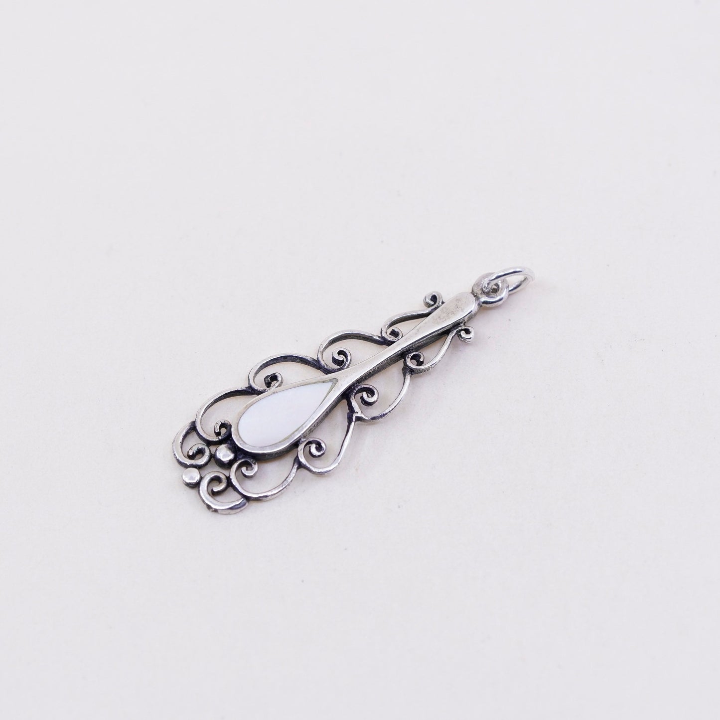 sterling silver pendant, 925 filigree teardrop charm with mother of pearl