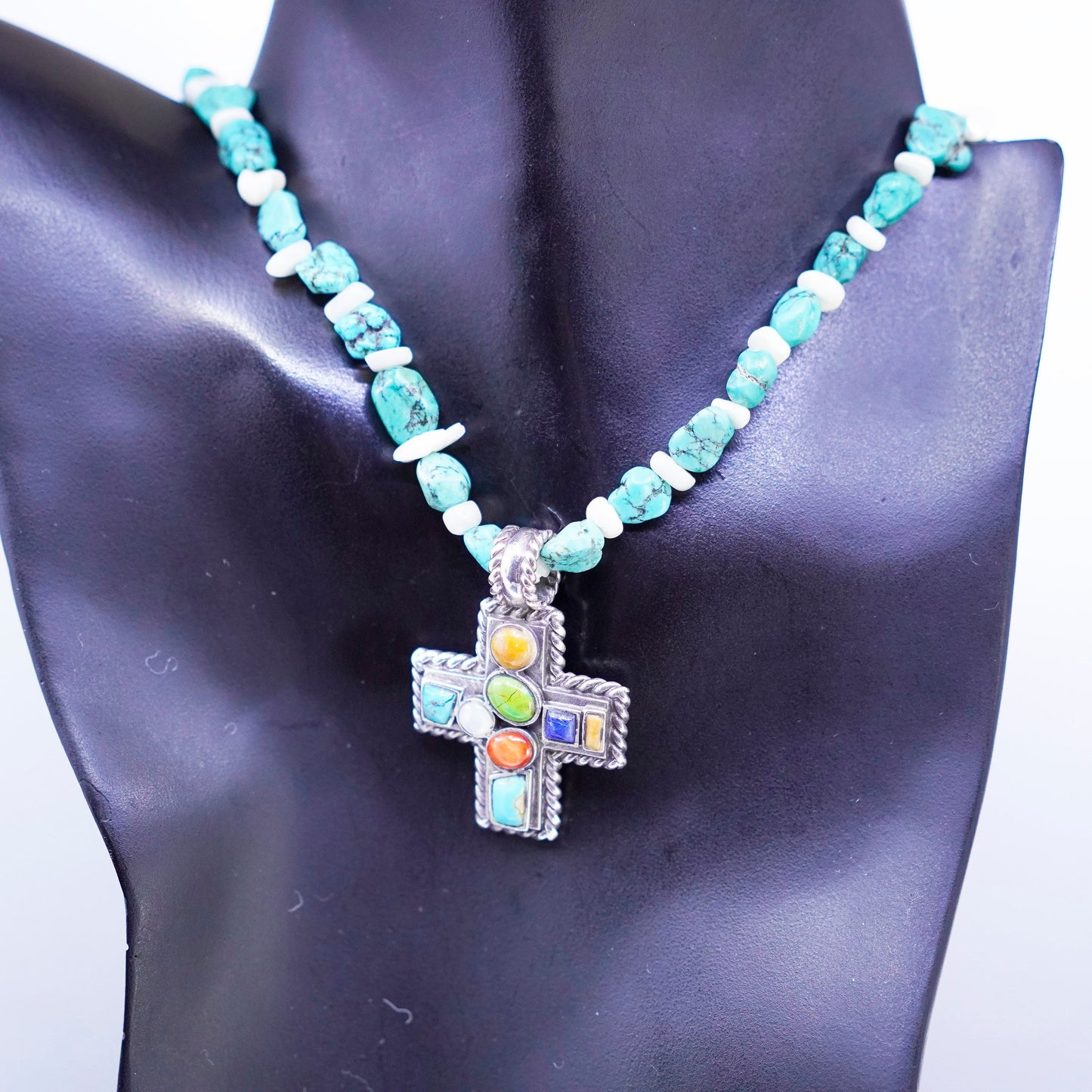 16+2”, VTG Sterling 925 silver necklace spiderwebbed turquoise cross pendant